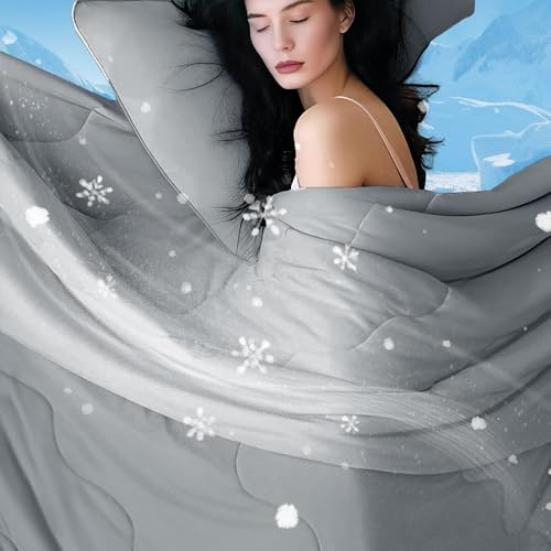 DOWNCOOL Cooling Comforter Queen Size, Grey Cooling Blanket for Hot Sleeper, Lightweight & Breathable Blanket for Night Sweats,Dual-Side Cooling Summer Bedding,90X90