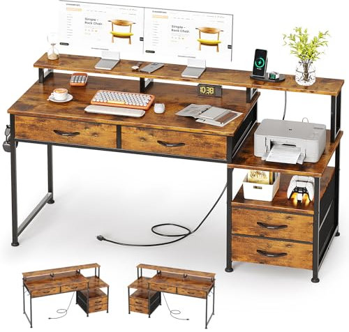 MUTUN 135cm Computer Desk with Power Outlet and Monitor Stand, Reversible Home Office Desk with Fabric Drawers, Wooden Desks with Storage, Study Table, Rustic Brown