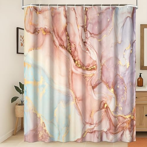 Xiaoterna Rideau de Douche en marbre Rose Rideau de Douche imperméable à la Poudre d'or Rideau de Douche Abstrait en marbre Rose coloré à Pois dorés Tissu résistant à la moisissure 180x180cm