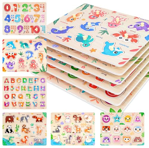 Toddler Puzzles Montessori Toys for 3 4 5 Years Old, 6 PCS Wooden Puzzles for Kids Ages 4-6 - Learning Alphabet, Numbers, Shapes and Animals, Educational Toys Puzzle Gifts for Girls Boys