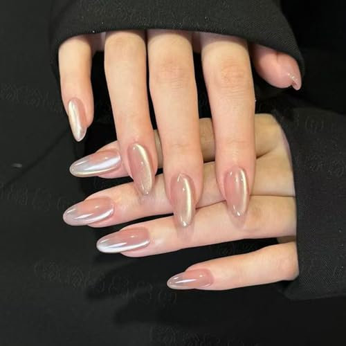 False Nails Glitter - 24PCS Cat Eye Press on Nails Long Almond - Sparkly Shiny Fake Fingernails Natural - Elegant Artificial Stick on Nails in 12 Sizes for Women and Girls Nail Art