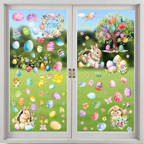 LUMOOM 9 Blätter Fensterbilder Ostern Selbstklebend, Osterdeko Fenstersticker, Niedliche Kaninchen Eier Blume Fenster Aufkleber Dekorationen, Wiederverwendbar, Kinderzimmer Deko (C)