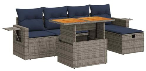 vidaXL 6-TLG. Garten-Sofagarnitur mit Kissen Grau Poly Rattan Akazie, Outdoor Sofagarnitur, Gartensofa Set, Lounge Set, Sofagarnitur Terrasse