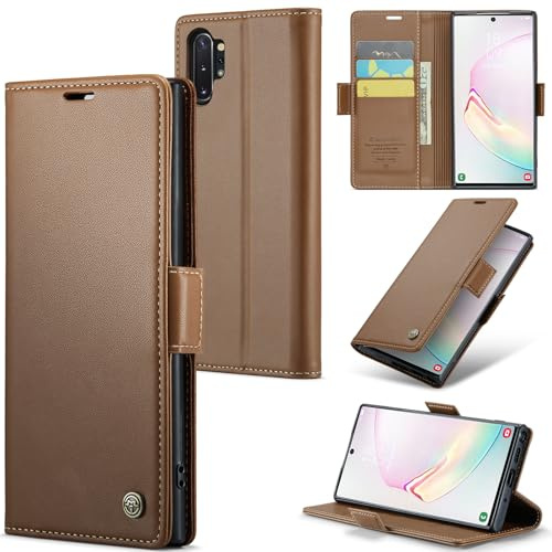 Rerzoiro Handyhülle für Samsung Galaxy Note10 Plus Hülle, Premium PU Lederhülle Klappbar Flip Case [RFID Blocker] Tasche Magnet Kartenfach Klapphülle Schutzhülle für Samsung Galaxy Note10 Plus, Braun