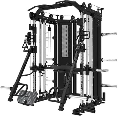 Bad Company Kraftstation Ultimate I Multifunktionales Studio-Homegym mit 180 kg Steckgewichten, Klimmzugstange und umfangreichen Zubehör wie Jammer Arms, Beinpresse usw. (Aluminium-Umlenkrollen)