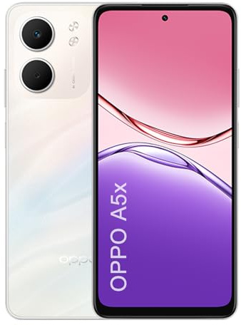 OPPO A5x 4G Smartphone, Grande Batterie de 6000mAh, Rapide SUPERVOOC 45W, Appareil Photo 32MP avec IA, IP65, Écran LCD 6,67 Pouces 90Hz, Snapdragon 6s 4G Gen 1, NFC, Dual SIM, 4Go + 128Go, Blanc