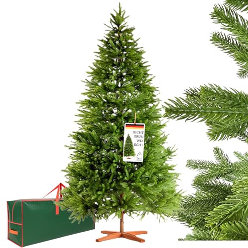 Valle Verde Premium Weihnachtsbaum 220 cm – 100% PE Nadeln, 100% Spritzguss, Künstlich – Mit Holzständer & Aufbewahrungstasche – Wie Echt & Sehr Dicht – Realistischer Tannenbaum, Sicher & Nachhaltig