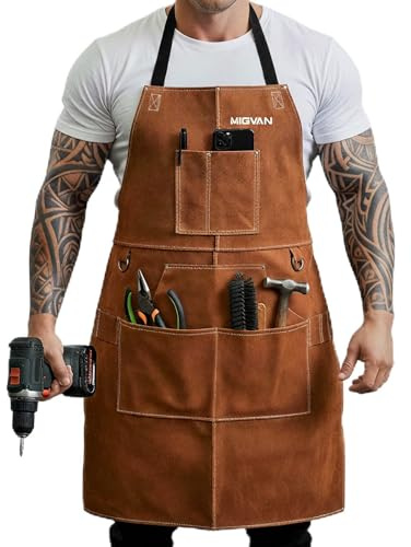 MIGVAN Delantal de soldadura de cuero vacuno – Delantal ignífugo y resistente al calor con 10 bolsillos, ajustable talla M a XXL para taller, soldar, jardín y garaje – 61x91 cm