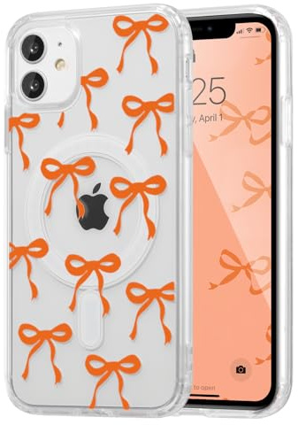 UEEBAI Bow Case for iPhone 11 with Magsafe, Clear Orange | Built-in Magnets, Cute Slim Clear Aesthetic Pattern Pretty Phone Case for Women Girl Kid, Anti-Yellowing Translucent Cover