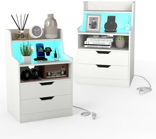 COSTWAY Nachttisch mit LED-Lichtern und Ladestation, 2er Set, Beistelltisch mit 2 Schubladen, offenen Fächern & Fernbedienung, Sofatisch, Nachtschrank für Boxspringbett, 45 x 35 x 72,5 cm (Weiß)