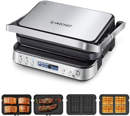 AMZCHEF Parrilla Eléctrica 4 en 1 2000W – Parrilla de Contacto, Sandwichera, Gofrera y Grill Panini con Placas Extraíbles Antiadherentes, Temperatura Ajustable 80-230°C y Temporizador