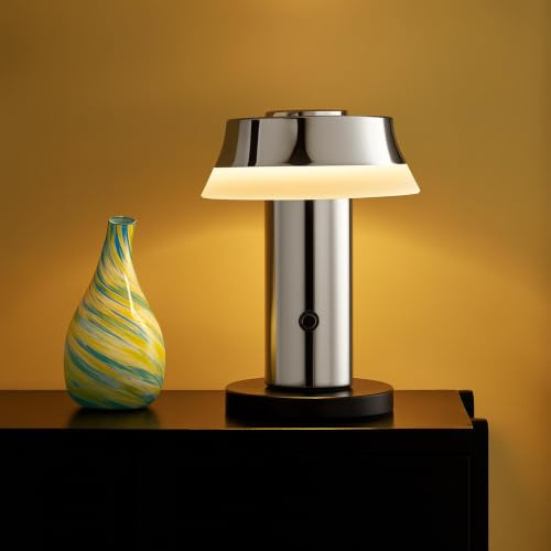 Lightbox LED Akku-Tischlampe chrome, Touch, Wireless Charging Leuchte | Kabellose Nachttischlampe dimmbar, 240 lm, warmweiß 2700 K, praktisch für unterwegs und am Bett