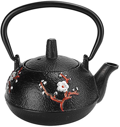 Hervidor de té de hierro fundido, sin revestimiento, estilo japonés - Tetera de hierro de 0,3 L con diseño de flor de ciruelo y urraca, decorativa y funcional para la ceremonia del