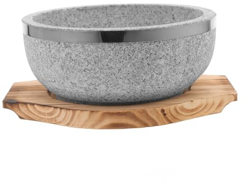 KOCKSHION Bol en Pierre Naturelle pour Bibimbap Coréen 800ml avec Plateau en Bois, Résistant à Haute Température, Réutilisable et Facile à Nettoyer Cuisine