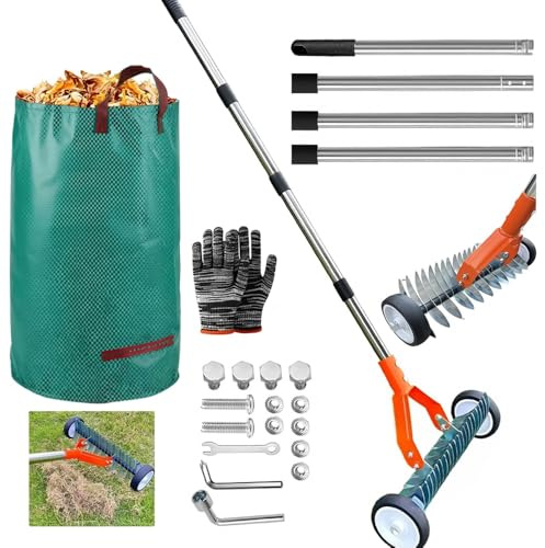 Handvertikutierer mit Rollen, 165cm Vertikutierrechen Garten, Rasenrechen mit Rädern, Laubrechen mit Stiel, Harke Garten, Heurechen, Schneidrechen mit Laubsack, Verstellbarer Länge Abnehmbar