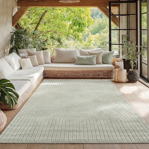 HomebyHome Kurzflor Teppich 120x170 cm Grün Wohnzimmer, Schlafzimmer, Küche, 3D Hoch-Tief-Effekt, Skandinavisch Boho Motiv, für Outdoor Bereich geeignet Terrassen oder im Balkon