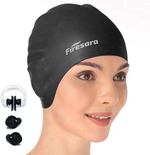 Badekappe, firesara Original Aktualisiert Badekappe 3D Ergonomisches Design bequem Langlebig Ohr Schutz für Frauen Kinder Herren Jungen Mädchen für Lange oder Kurze Haar mit Nase Clip und Ohrstöpsel