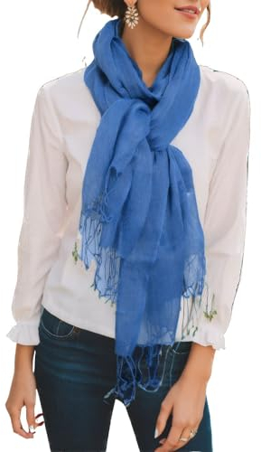 Prettystern Einfarbiger Damen Herren leicht Leinen Frühling Sommer Fransen Schal- T51 Jeans-blau