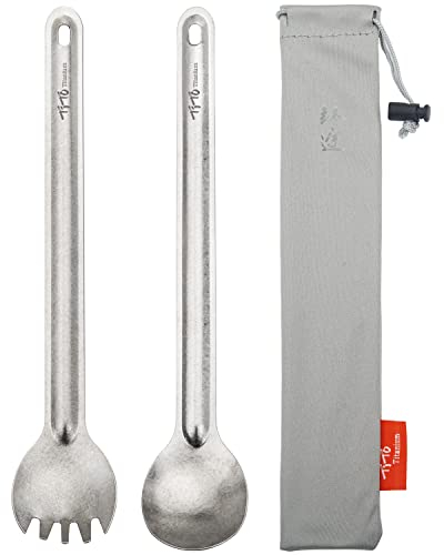 TiTo titanium Long Handle Spork and Spoon Eco-Friendly Ultralight Portabale Flatware for Outdoor Camping Backpacking Hiking Travel Picnic Tableware with Bag(2pcs Titanium)