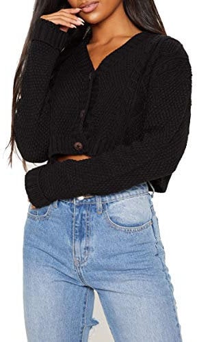Crazy Girls Women's Ladies Long Sleeve 3 Button Cropped Chunky Aran Cable Knitted Grandad Cardigan (12-14, Black)