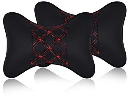 DSstyles 2 Stück PU Leder Nackenkissen für Autositz Kopfstütze Kissen 28x18cm Auto Nackenkissen - Schwarz und Rot