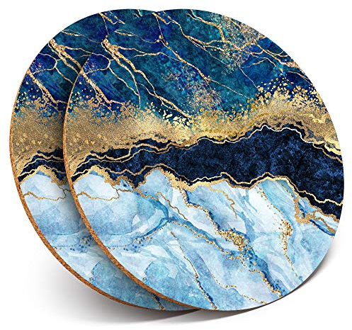 2 x Round Coasters - Marbled Art Effect Blue Gold Marble - Cork Backed Home Kitchen Accessory Tea Coffee Mug Mat #21152