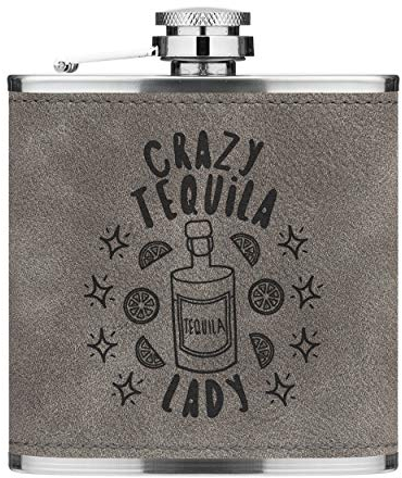 Crazy Tequila Lady Stars 6oz PU Leather Hip Flask Grey Luxe