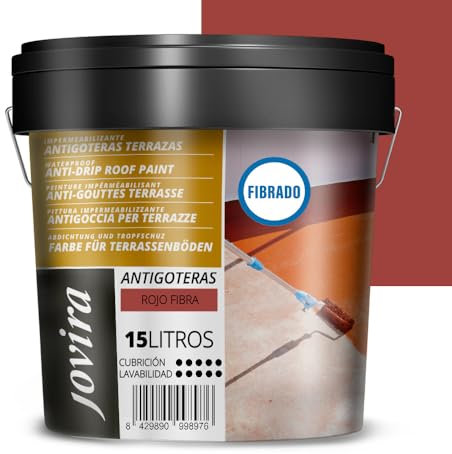 JOVIRA PINTURAS Pintura Impermeabilizante Antigoteras fibrado. Revestimiento Elástico, para Terrazas, Paredes, Medianeras y Tejados. (15 Litros, Rojo) A-46B