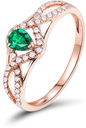 KnSam 18K Rose Gold Wedding Engagement Ring, Weave Shaped 3 Claws Pear Cut Green Emerald 0.3ct and 0.22ct Diamond Rose Gold Ring Size K 1/2