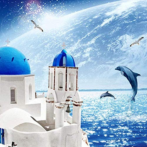 ZZXIAO Wallpaper Paste Photo Wallpaper Blue Santorini Non-Woven Wall Wallpaper Living Room Bedroom Office Non-Woven Silk 3D Wallpaper Paste Living Room The Wall for Bedroom Mural border-400cm×280cm
