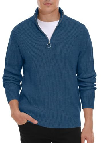 Hisir Maglione da uomo con cerniera a 1/4 Top invernale a maglia calda con collo a polo a maniche lunghe morbido e accogliente collo a tartaruga con cerniera a quarto pullover per uomo, 08 Vc Blu, XL