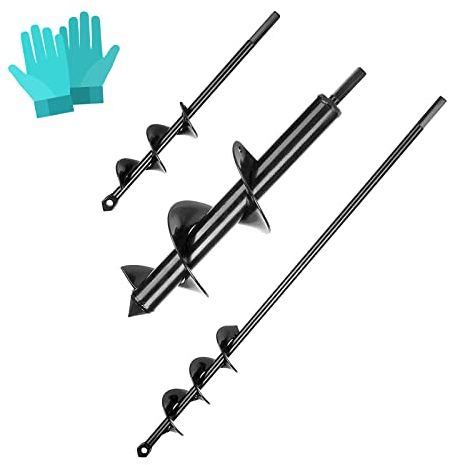 Jardin Foreuse 4PCS Foret Tarière en Spirale, Mèche Tariere Perceuse avec Gants & 4cm*22cm+4cm*42cm+8cm*30cm, Outil de Plantation Pratique des Arbres, Arbustes, Culture