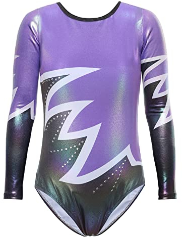 Bezioner Kinder Turnanzug Mädchen Gymnastikanzug Trikot Lange Ärmel Ballett Tanzbekleidung Lila 140 für 10-12 Jahre,140-150 cm