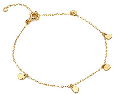 MIORE Schmuck für Damen Herz Armband mit kleinen Charm Herzanhängern klassische Anker ArmKette aus Gelbgold 9 Karat 375 Gold, Länge 16-18 cm verstellbar