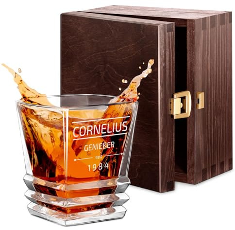 Maverton Whiskyglas 280 ml mit Gravur, Whisky Glas mit effektvollem Design | Weihnachtsgeschenke, edles Kristallglas für Mann & Whiskygenießer, Bourbon Glas zum Geburtstag, zu Weihnachten, voll