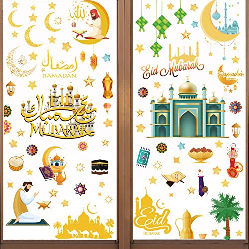 121 Stück Ramadan Fensteraufkleber, Eid Mubarak Fenster Aufkleber, Stern Halbmond Laterne Aufkleber Fenstersticker, Ramadan Dekorationen für Zuhause, Fensteraufkleber für Muslim Eid Mubarak Party