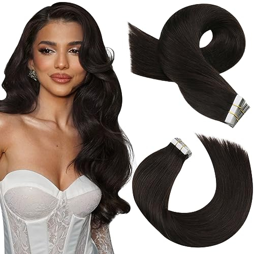 Moresoo Tape in Extensions Echthaar Braun Nahtlose Haarextensions 35 cm Haarverlängerungen Echthaar Tape in Unsichtbares #2 Dunkelstes Braun Remy Hair Extensions Tape in 20 Stück/40g