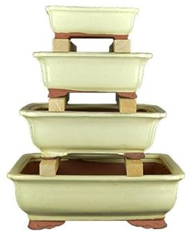 Macetas rectangulares para bonsai en gres esmaltado blanco (Set de 4 piezas) - G02