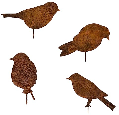 gvivej 4 Stück Rost Vögel, Gartendeko Edelrost Vögel mit Schraube für Garten Holz Zaunfiguren