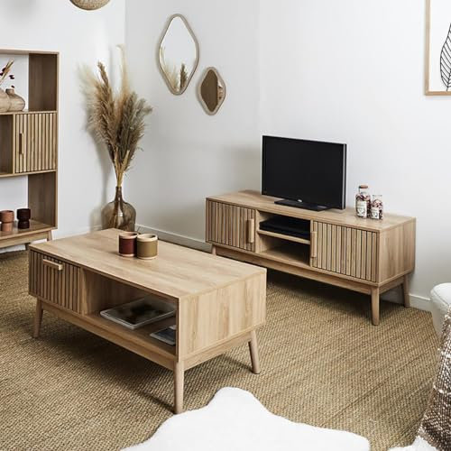 AltoBuy PAJAN - Ensemble Salon Effet Bois avec Tasseaux