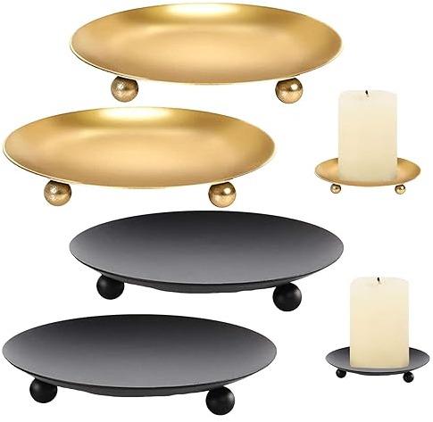 4Pcs Candle Holders Iron Candle Tray, Pillar Candle Tray Holders Candlesticks Round Candle Stand Votive Candle Holders Tray Decorations for Wedding Living Room Bedroom Party Christmas(Gold, Black)