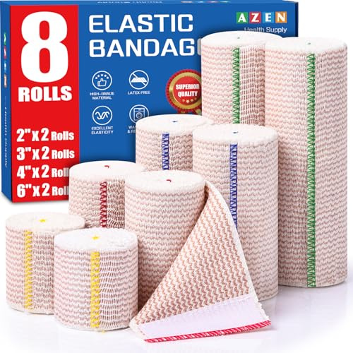AZEN Premium 8 Pack Elastic Bandage Wrap (2x2, 2x3, 2x4, 2x6), Compression Wrap Bandage for Legs, Ankle, Knee, Tummy, Body, Latex-Free, Lymphedema Wraps for Legs