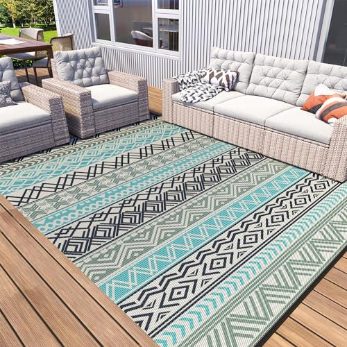 MontVoo Outdoor Rug Carpet Waterproof-Patio Rug Mat 5x8 Reversible RV Camping Rug Picnic Mat Plastic Straw Outside Rug for Balcony Porch Deck Beach-Boho Outdoor Area Rug for Patio Decor Colorful