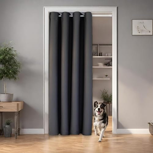 tinycurtains, Türvorhang mit Teleskopstange, einfache Montage in nur 1 Minute ohne Bohren (Türgardine anthrazit H200 x B150 cm + Stange weiß B70-120 cm)