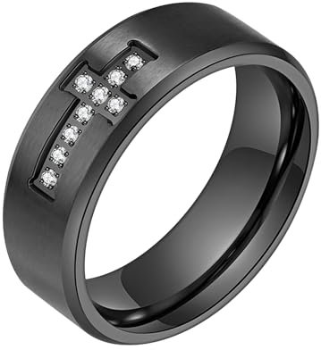 JewelryWe Kreuz Ring Herren Zirkonia: Silber Edelstahl Herren-Ring mit Zirkonia Kreuz Kruzifix Hip Hop Punk Bandring Männer Christliche Ringe Band mit Gravur Größe 57