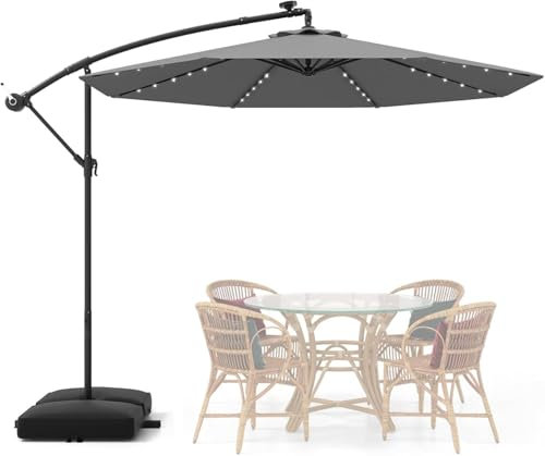 TANGZON 3m Cantilever Garden Parasol, Heavy Duty Offset Patio Umbrella with 40 LED Lights, Sand Bag & Solar Panel Batteries, Outdoor Square Hanging Sun Shade Roma Umbrella (Dark Gray)