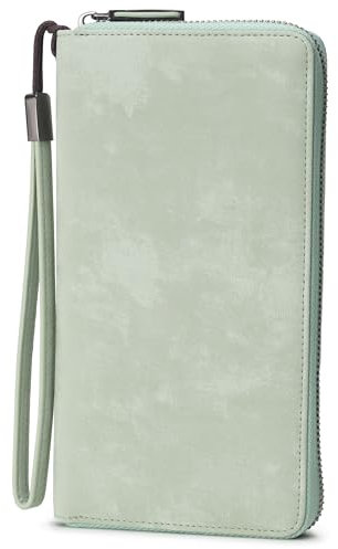 Bveyzi - RFID-blockierende Ledergeldbörse für Damen, Handyverschluss, große Kapazität, Reisetasche für Damen, Salbeigrün, Grande