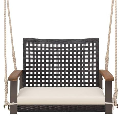SFAREST Rattan Swing Chair, Outdoor Single Person Swing Seat with Armrest & Backrest, Metal Frame Patio Wicker Hanging Swing for Porch Balcony Yard, 360kg Capacity