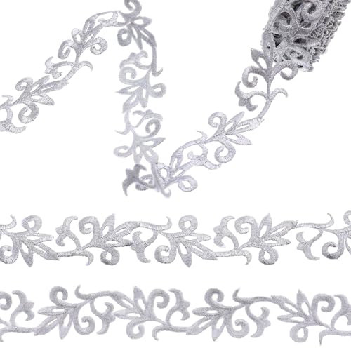 ZNZAKKA Silver Embroidery Lace Trim Ribbon 4 Yards Iron on Metallic Flower Lace Applique for Sewing Repair Dress Hats Accessories Decoration