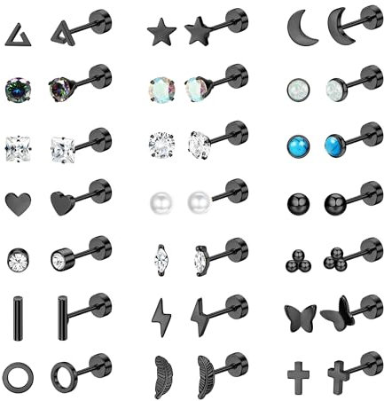 Diamday 21 Pairs Flat Back Stud Earrings for Women Men Surgical Stainless Steel Earrings Set Hypoallergenic Helix Cartilage Earrings Small Studs Earrings Screw Back Earrings Piercing Ear Studs Black